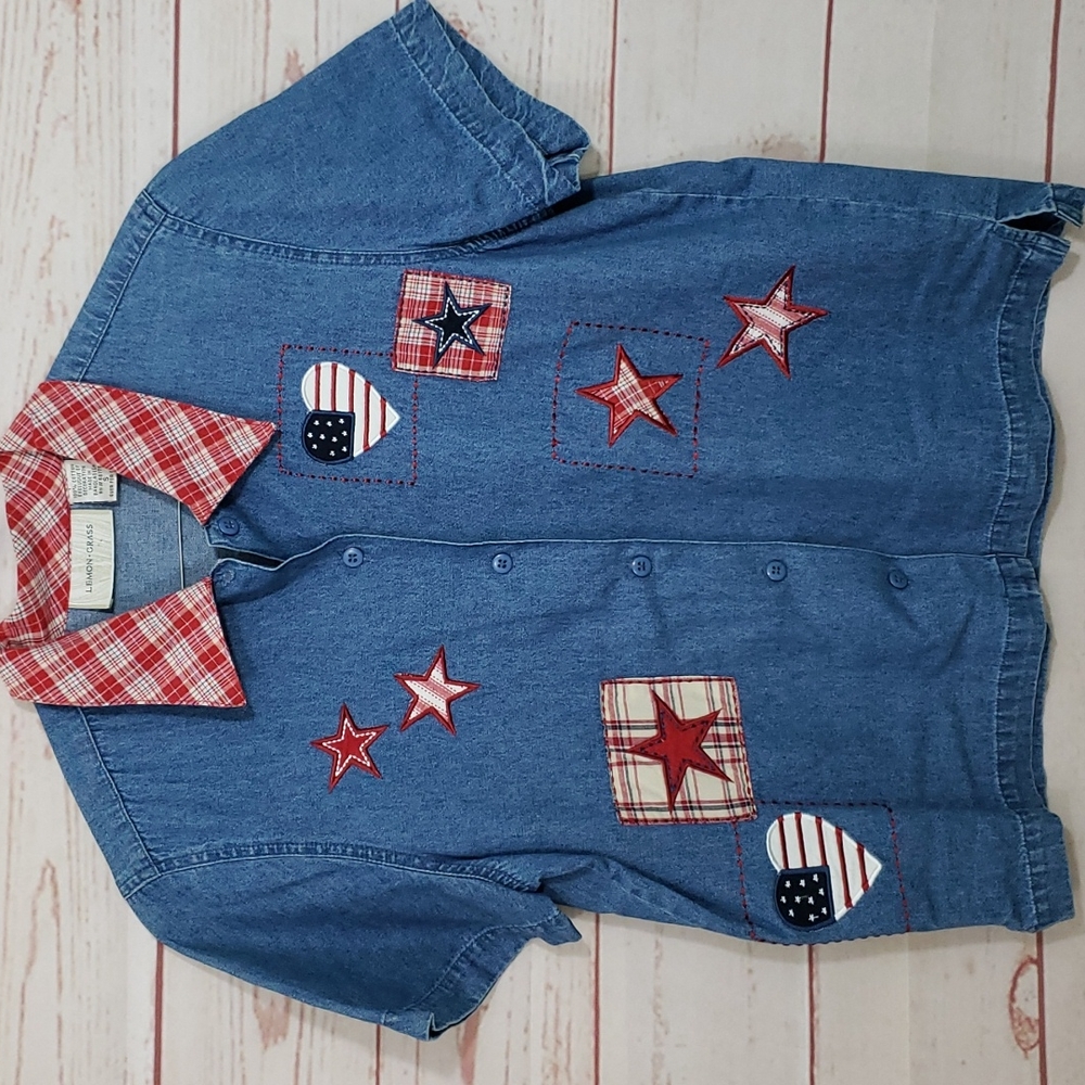 American Flag Patriotic Stars and Stripes Embroidered Denim Plaid Retro Western